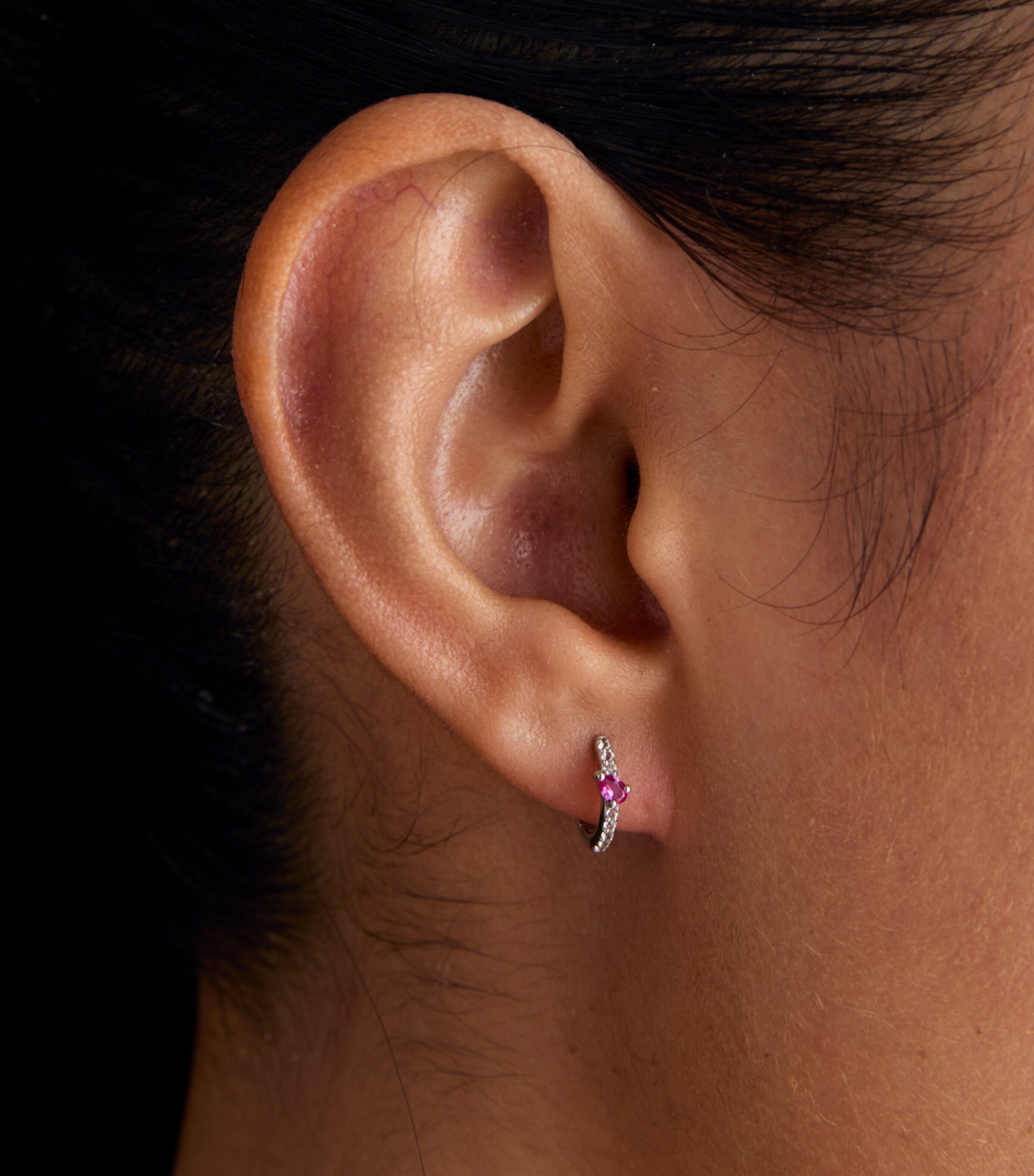 White Gold and Pink Sapphire Marquise Huggie Hoop Earrings