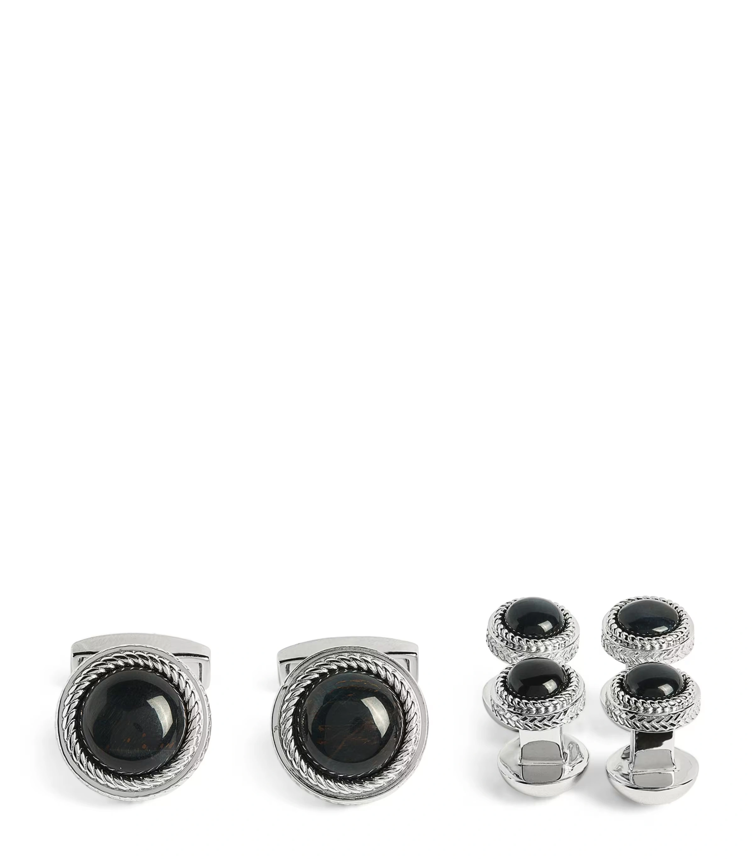 Sterling Silver and Onyx Herringbone Cufflinks and Studs Set