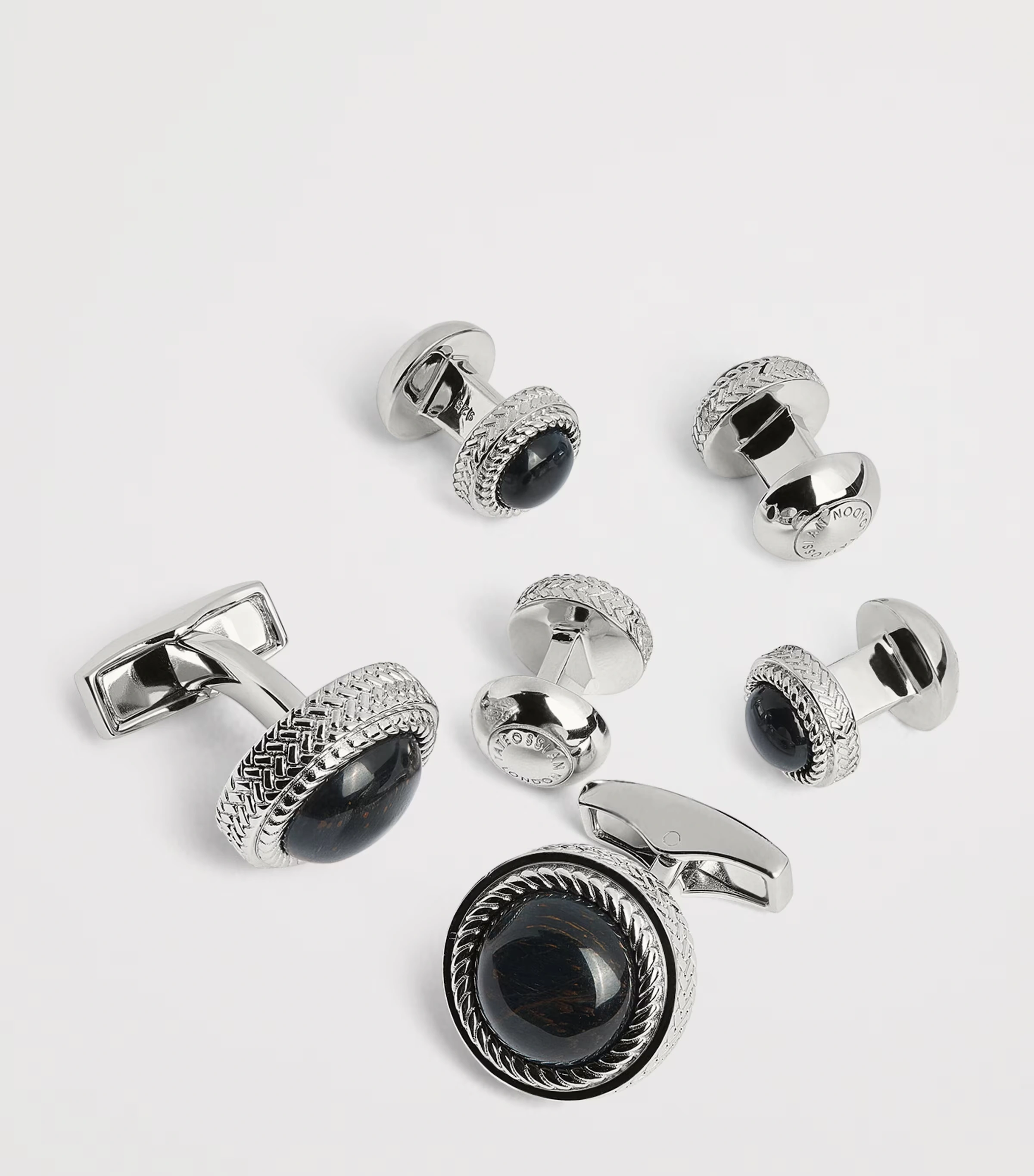 Sterling Silver and Onyx Herringbone Cufflinks and Studs Set