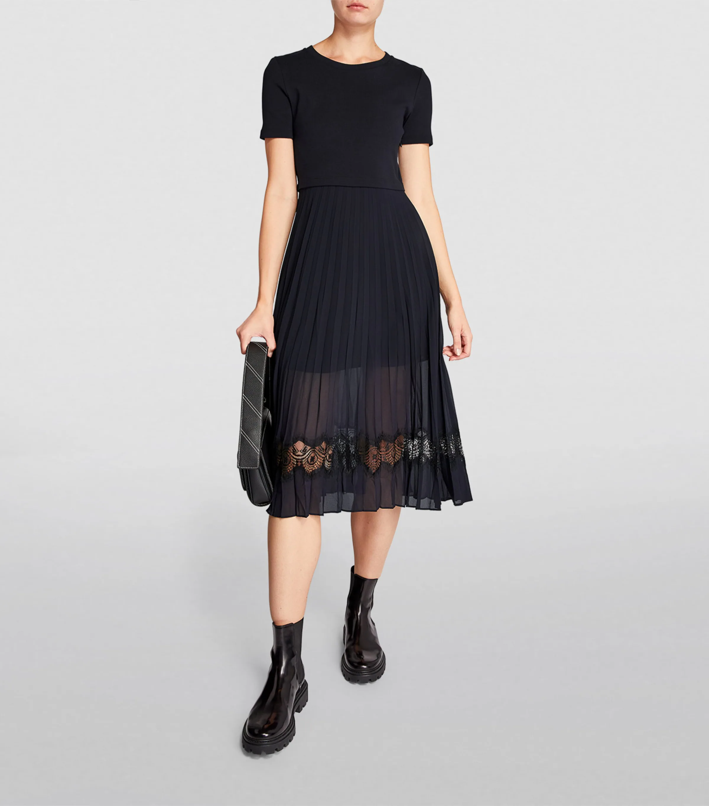 Lace-Trim Pleated Midi Dress