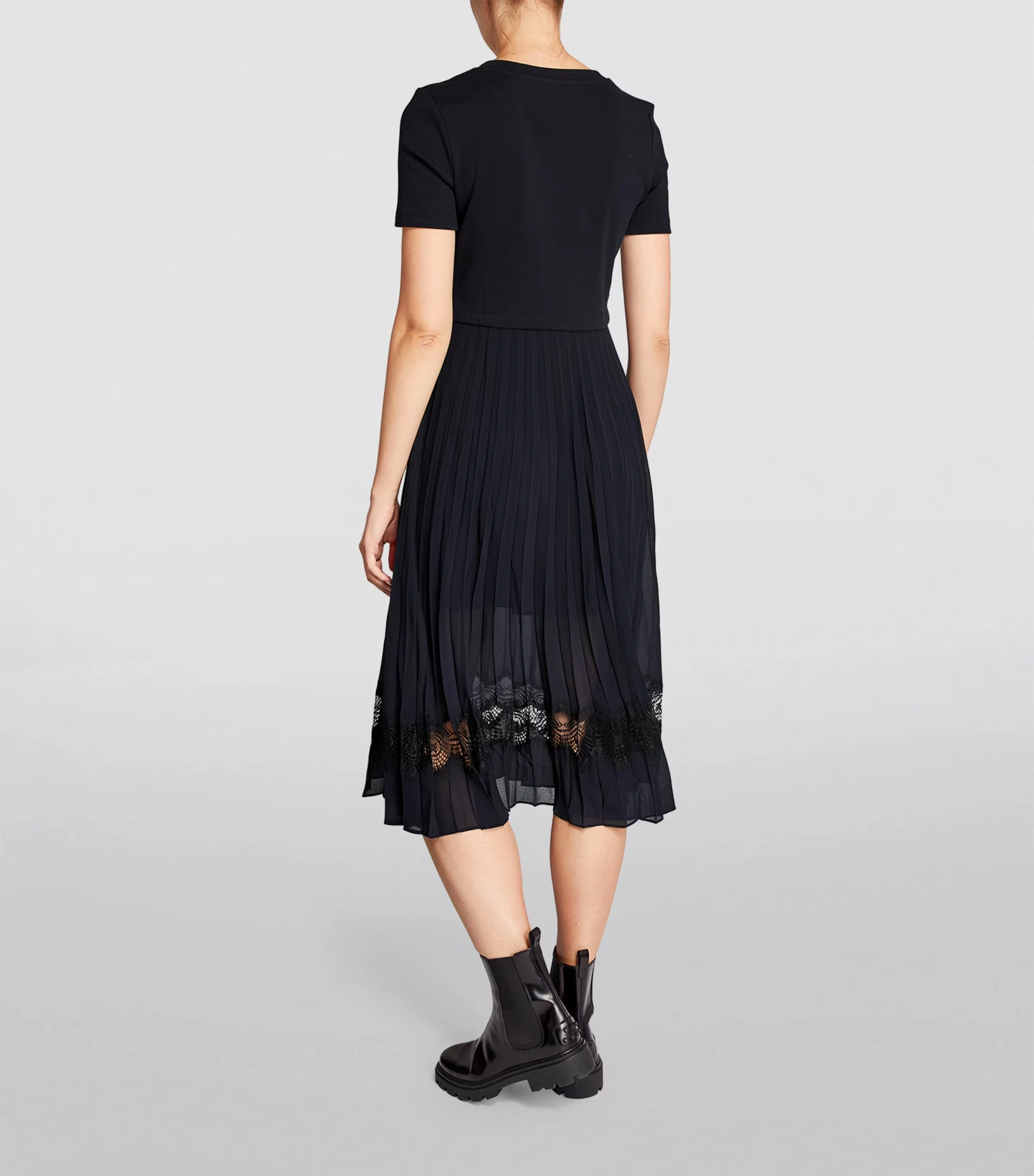 Lace-Trim Pleated Midi Dress