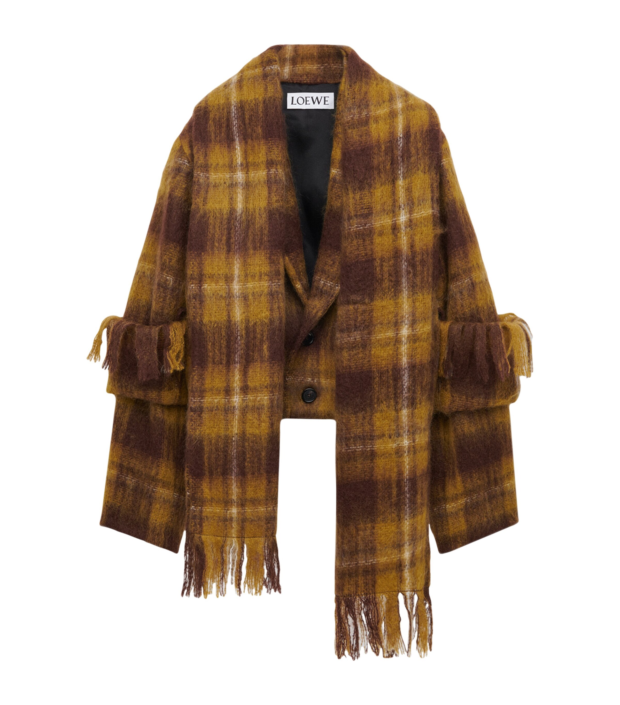 Mohair-Wool Scarf-Detail Check Coat